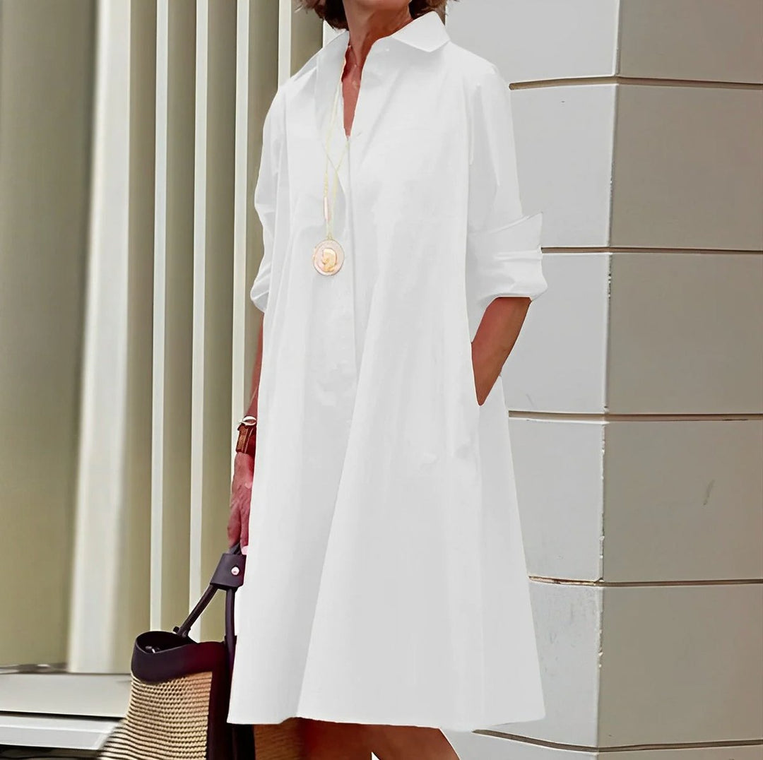 Women's Relaxed Shirt-Collar A-Line Fall Midi Dress