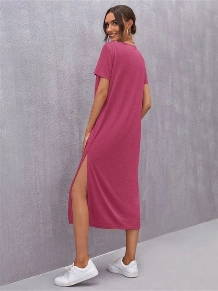 Women's Relaxed Short-Sleeve Knit Fall Midi Dress Side Slit