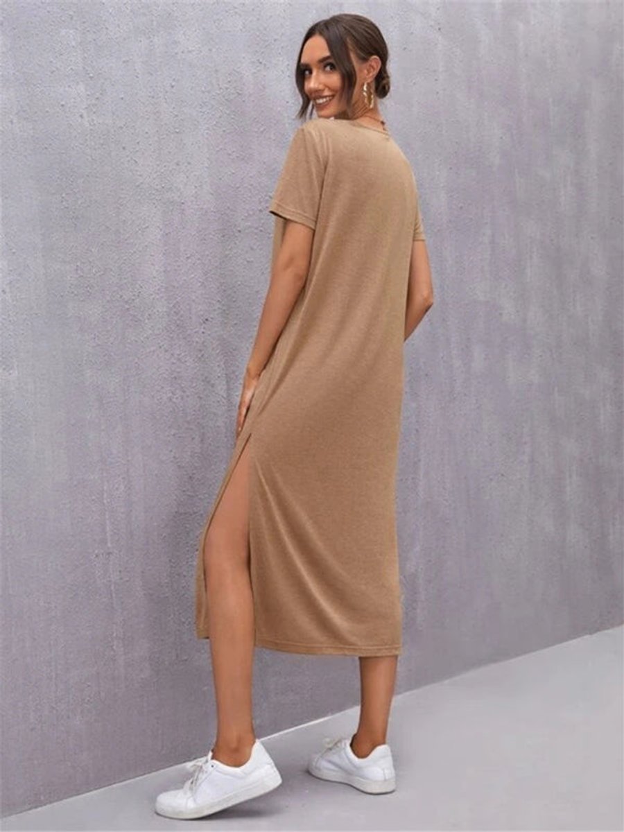 Women's Relaxed Short-Sleeve Knit Fall Midi Dress Side Slit