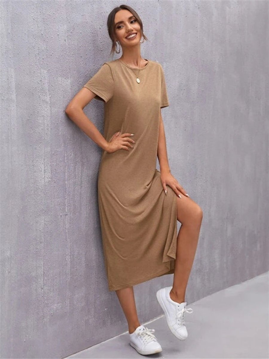 Women's Relaxed Short-Sleeve Knit Fall Midi Dress Side Slit