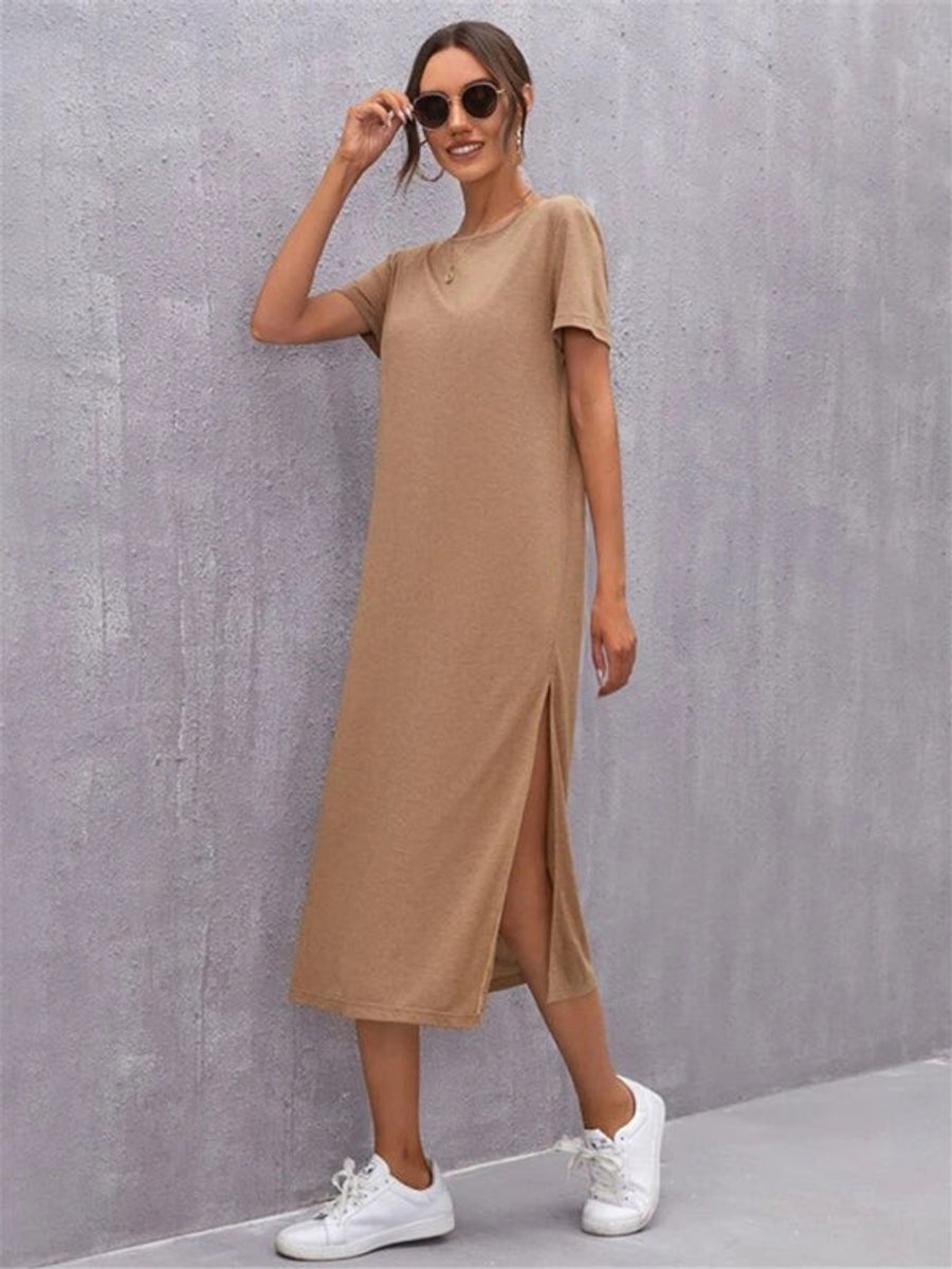 Women's Relaxed Short-Sleeve Knit Fall Midi Dress Side Slit