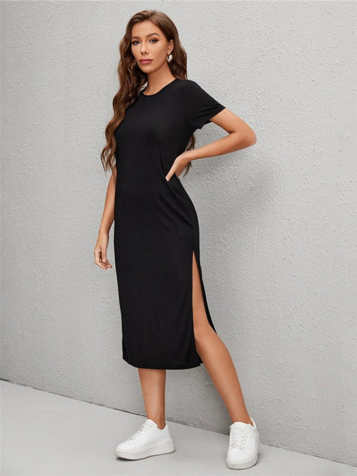 Women's Relaxed Short-Sleeve Knit Fall Midi Dress Side Slit