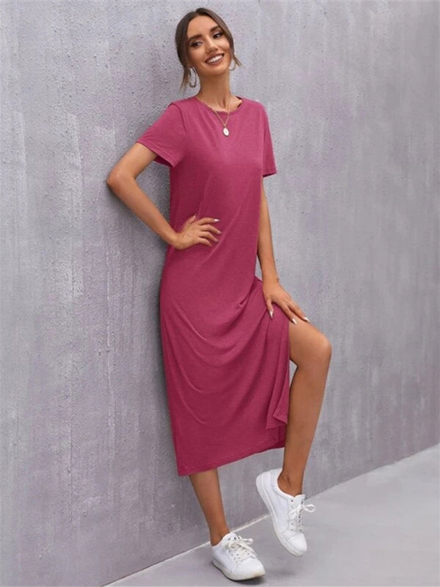Women's Relaxed Short-Sleeve Knit Fall Midi Dress Side Slit