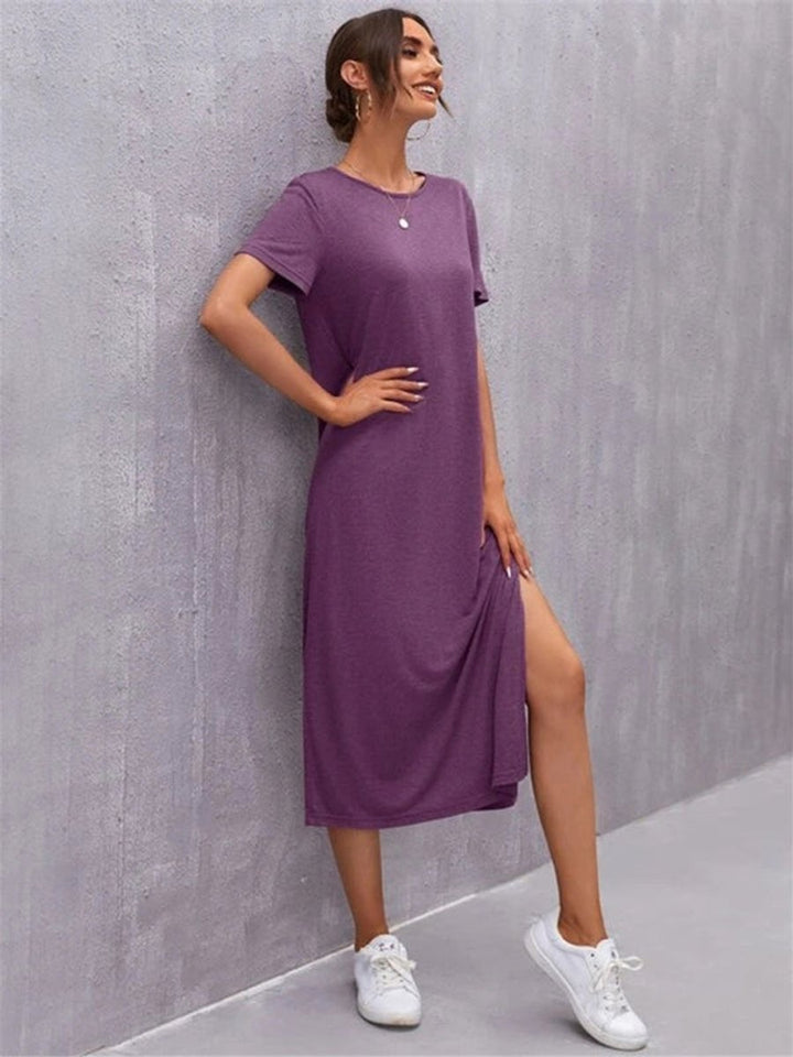 Women's Relaxed Short-Sleeve Knit Fall Midi Dress Side Slit