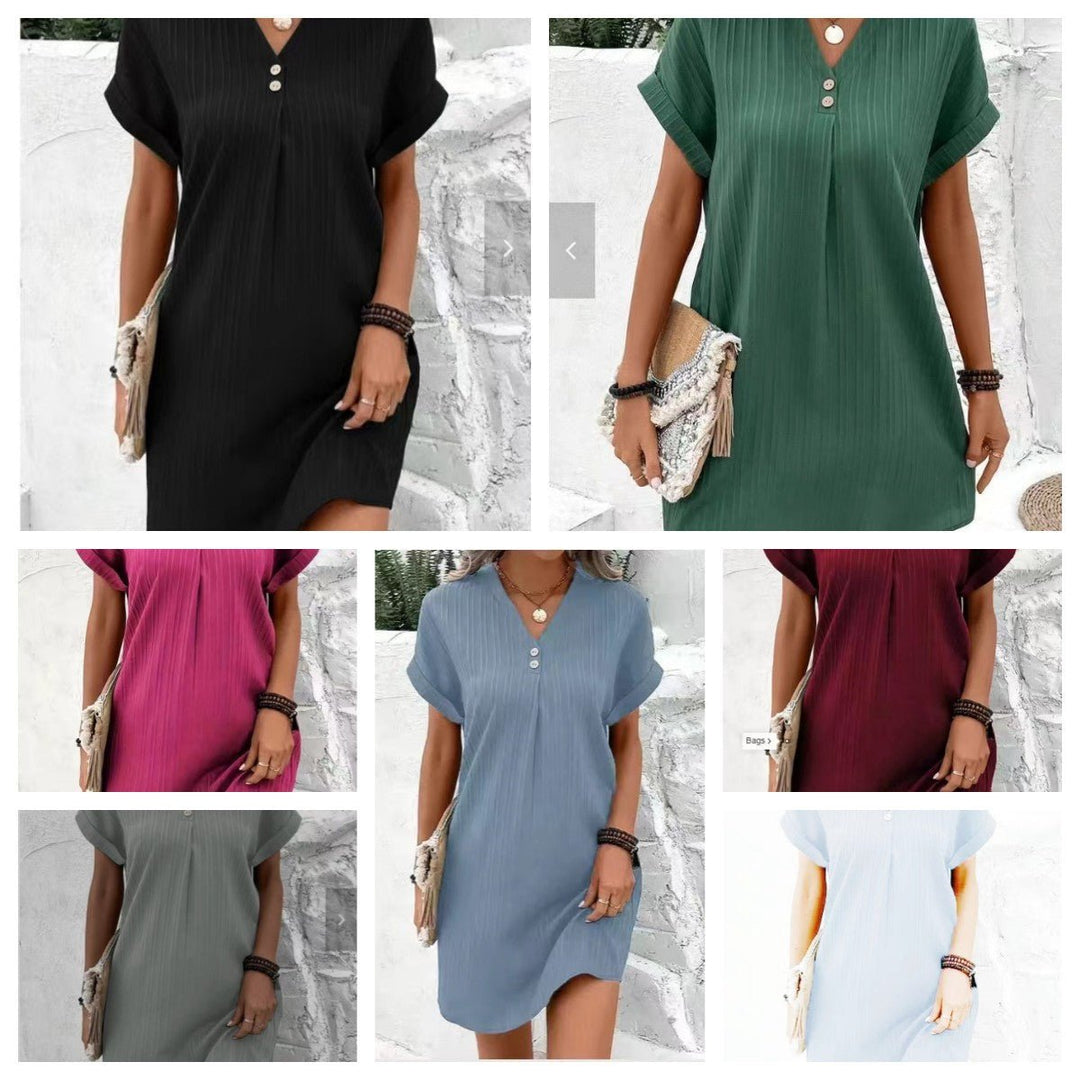 Women's Relaxed V-Neck Button Fall Midi Dress