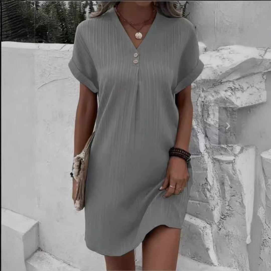 Women's Relaxed V-Neck Button Fall Midi Dress