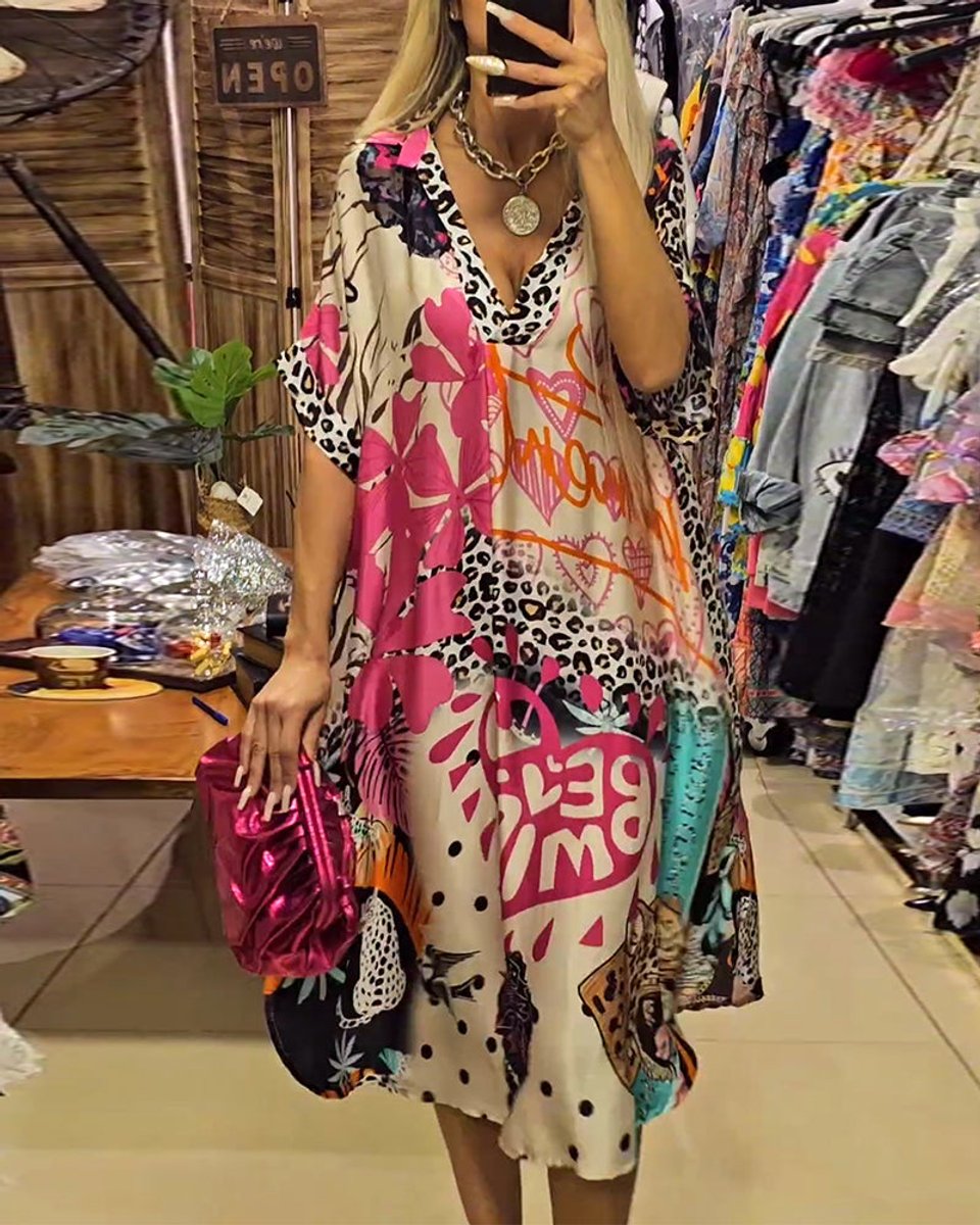 Women's Relaxed V-Neck Graffiti Print Fall Midi Dress
