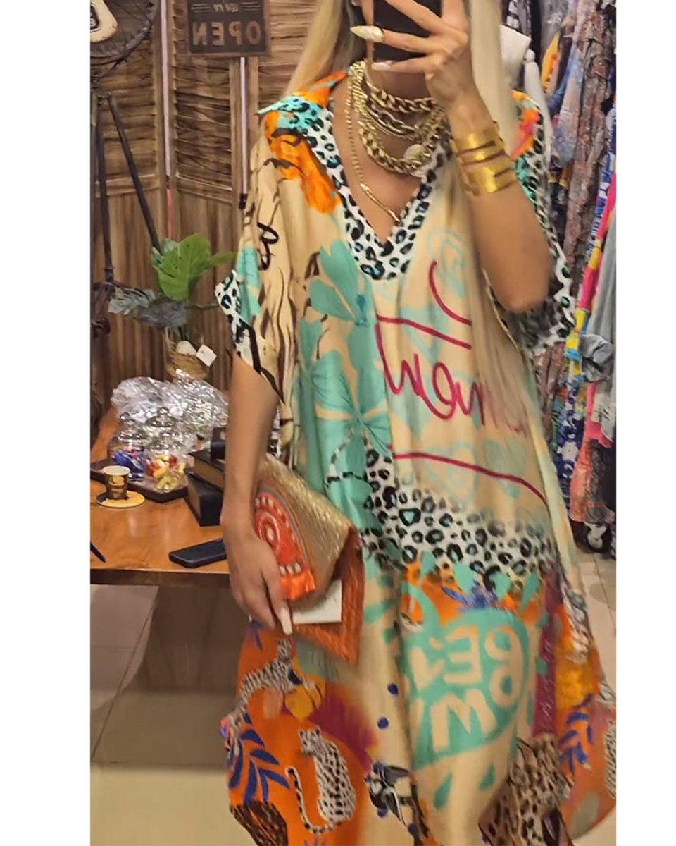 Women's Relaxed V-Neck Graffiti Print Fall Midi Dress