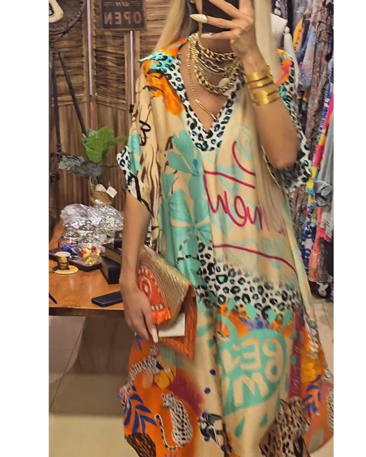 Women's Relaxed V-Neck Graffiti Print Fall Midi Dress