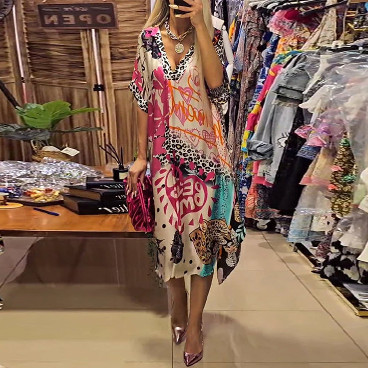 Women's Relaxed V-Neck Graffiti Print Fall Midi Dress