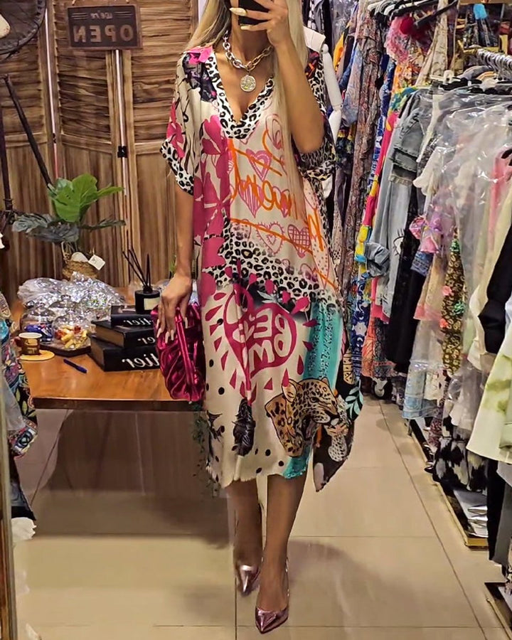 Women's Relaxed V-Neck Graffiti Print Fall Midi Dress