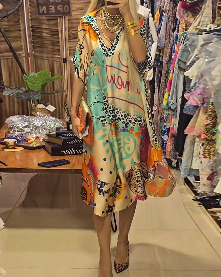 Women's Relaxed V-Neck Graffiti Print Fall Midi Dress