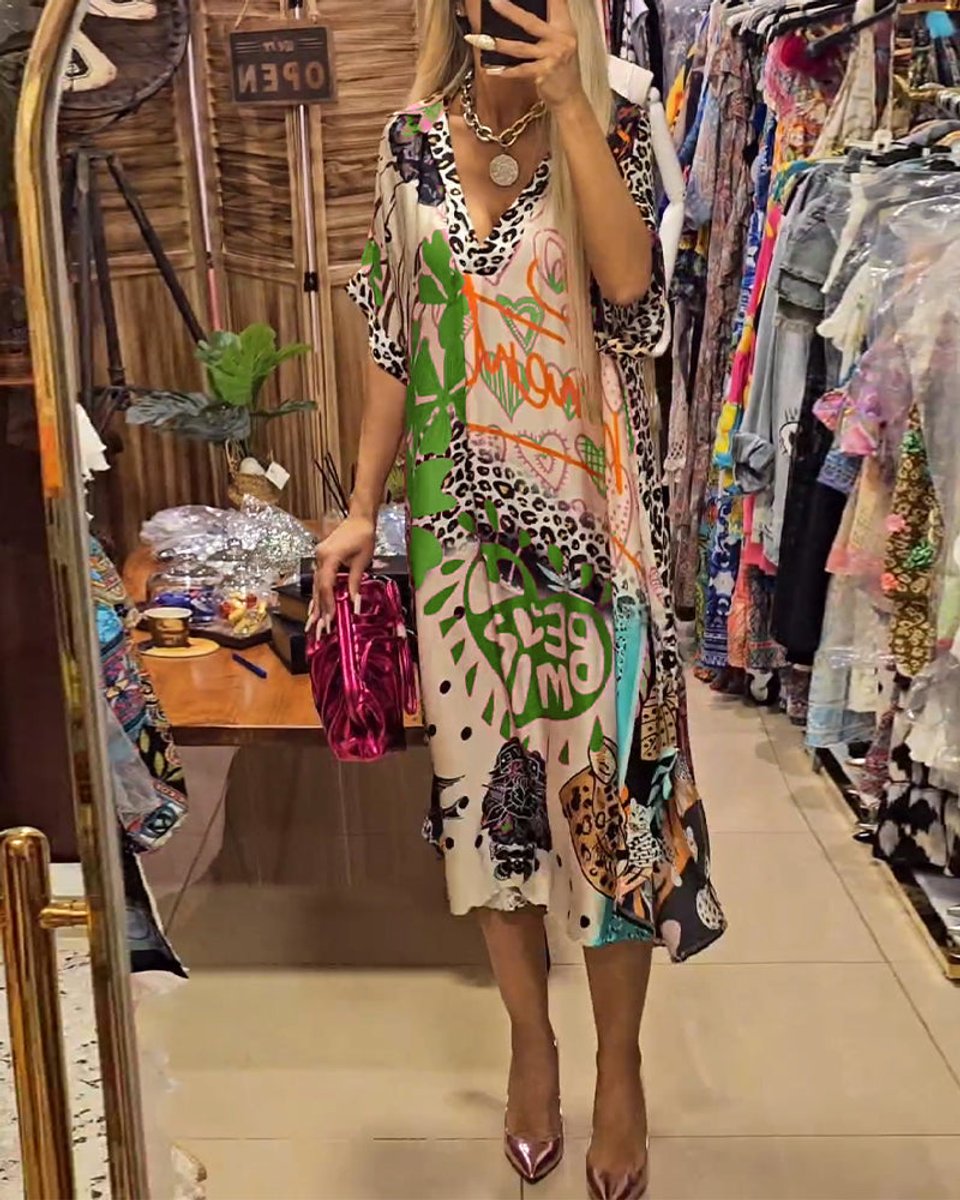 Women's Relaxed V-Neck Graffiti Print Fall Midi Dress