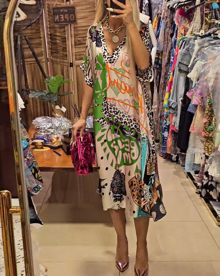 Women's Relaxed V-Neck Graffiti Print Fall Midi Dress