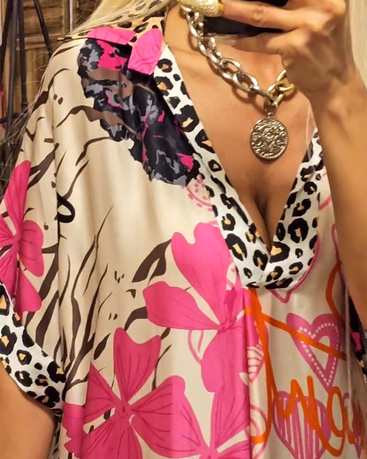 Women's Relaxed V-Neck Graffiti Print Fall Midi Dress