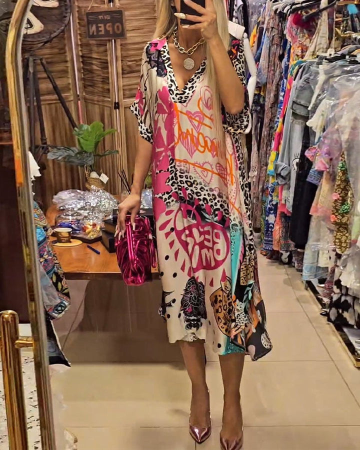 Women's Relaxed V-Neck Graffiti Print Fall Midi Dress