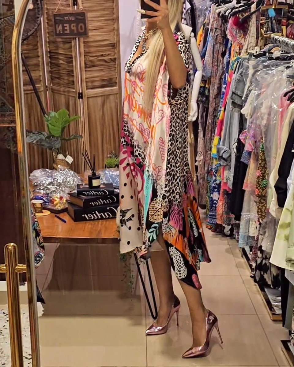 Women's Relaxed V-Neck Graffiti Print Fall Midi Dress
