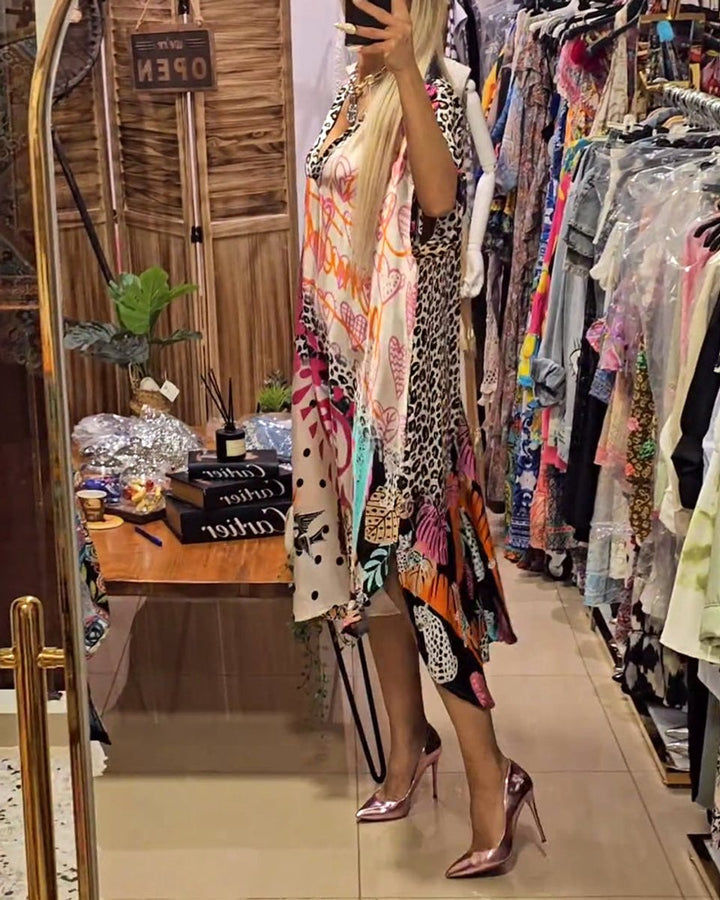 Women's Relaxed V-Neck Graffiti Print Fall Midi Dress