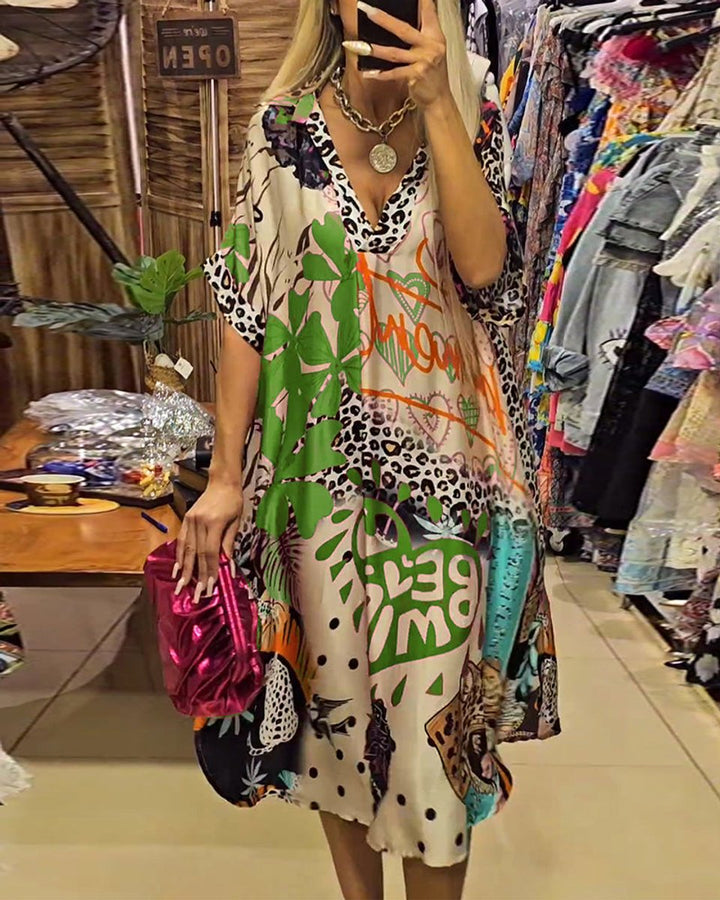 Women's Relaxed V-Neck Graffiti Print Fall Midi Dress