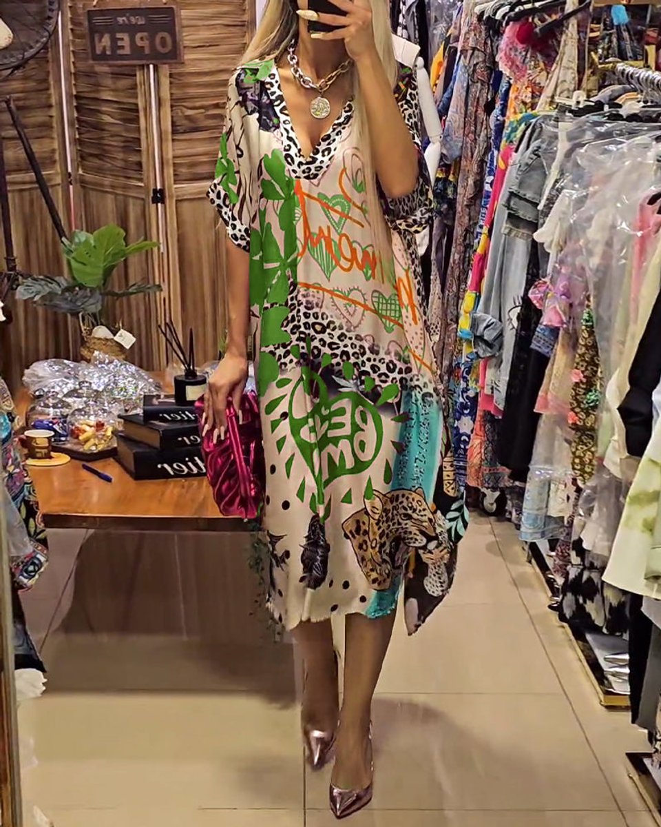 Women's Relaxed V-Neck Graffiti Print Fall Midi Dress