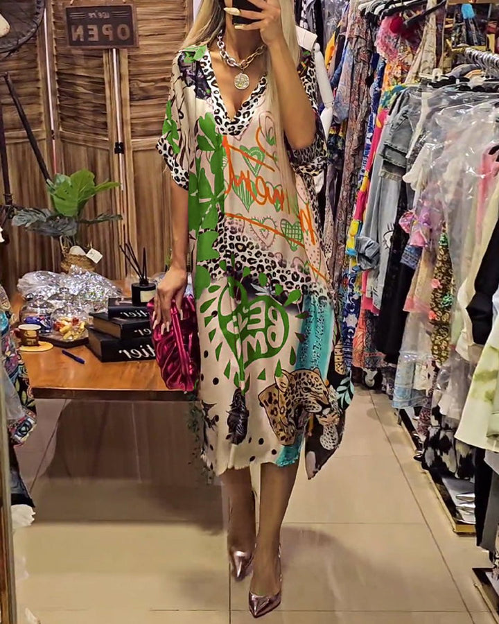 Women's Relaxed V-Neck Graffiti Print Fall Midi Dress