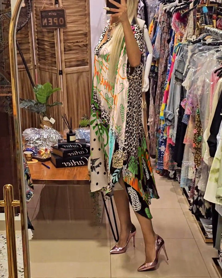 Women's Relaxed V-Neck Graffiti Print Fall Midi Dress