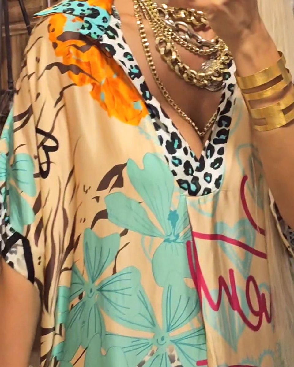 Women's Relaxed V-Neck Graffiti Print Fall Midi Dress
