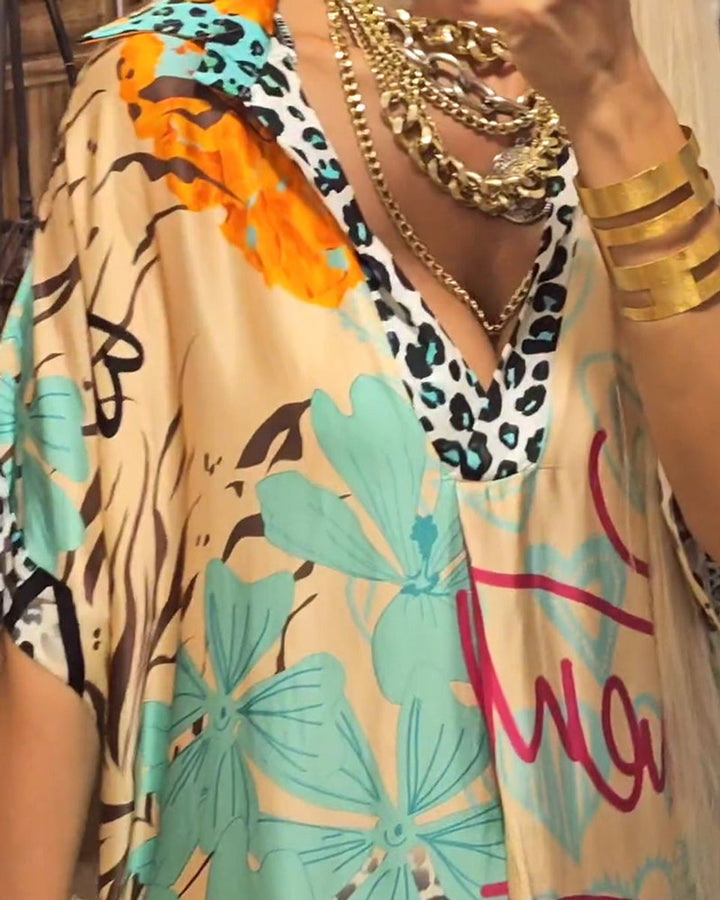 Women's Relaxed V-Neck Graffiti Print Fall Midi Dress