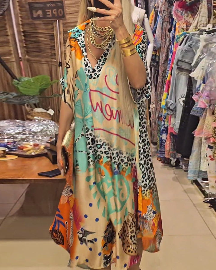Women's Relaxed V-Neck Graffiti Print Fall Midi Dress