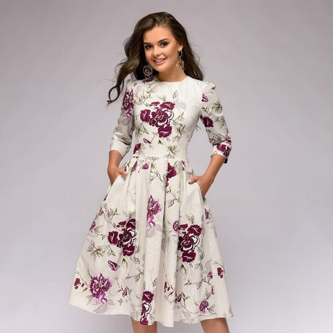 Women's Retro Floral A-Line 3/4 Sleeve Fall Midi Dress