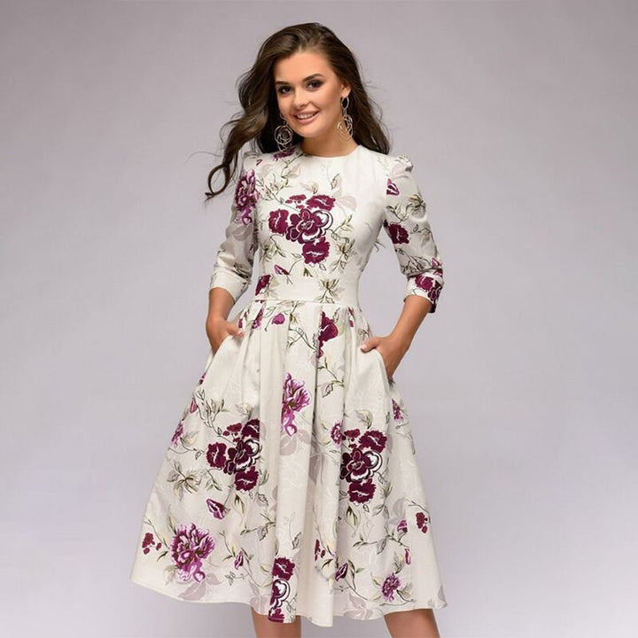 Women's Retro Floral A-Line 3/4 Sleeve Fall Midi Dress