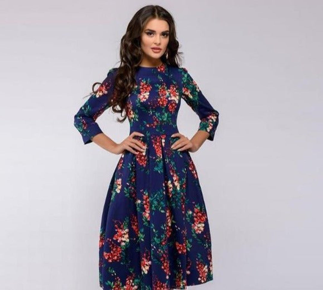Women's Retro Floral A-Line 3/4 Sleeve Fall Midi Dress