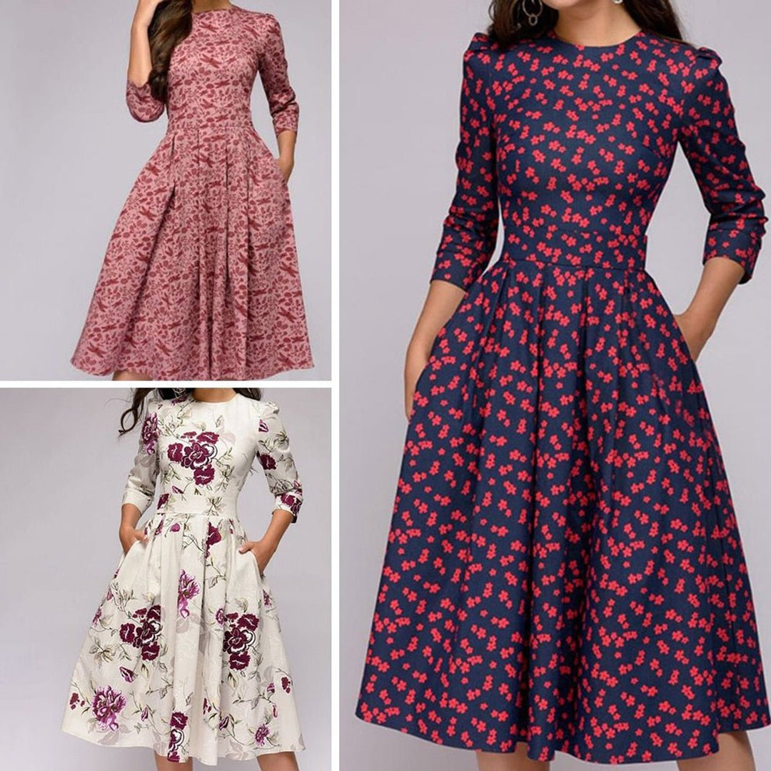 Women's Retro Floral A-Line 3/4 Sleeve Fall Midi Dress