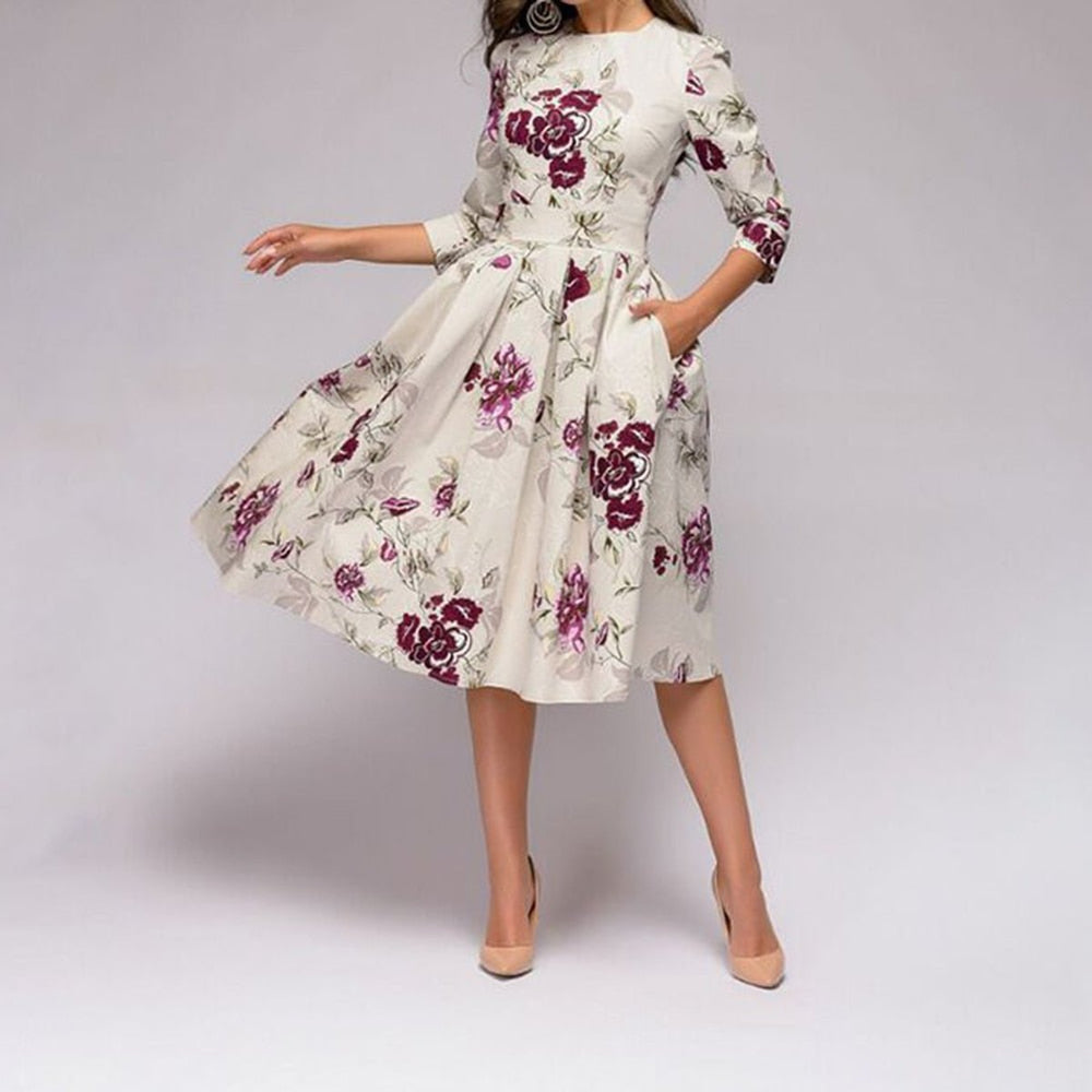 Women's Retro Floral A-Line 3/4 Sleeve Fall Midi Dress