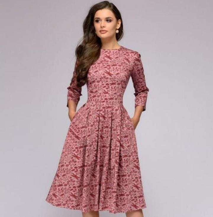 Women's Retro Floral A-Line 3/4 Sleeve Fall Midi Dress
