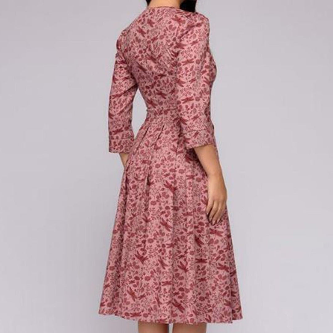Women's Retro Floral A-Line 3/4 Sleeve Fall Midi Dress