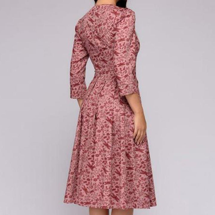 Women's Retro Floral A-Line 3/4 Sleeve Fall Midi Dress
