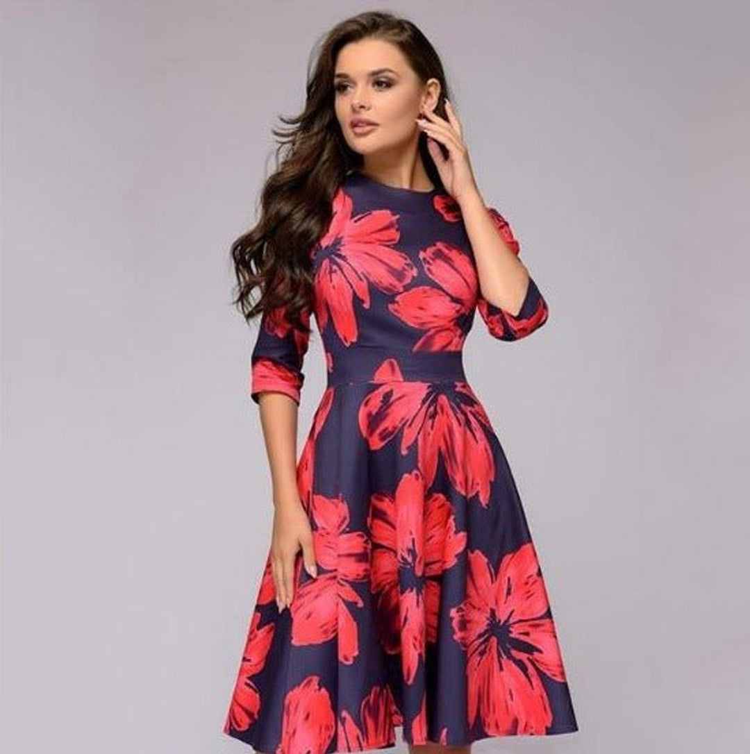 Women's Retro Floral A-Line 3/4 Sleeve Fall Midi Dress