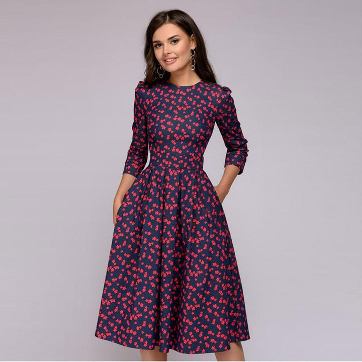 Women's Retro Floral A-Line 3/4 Sleeve Fall Midi Dress