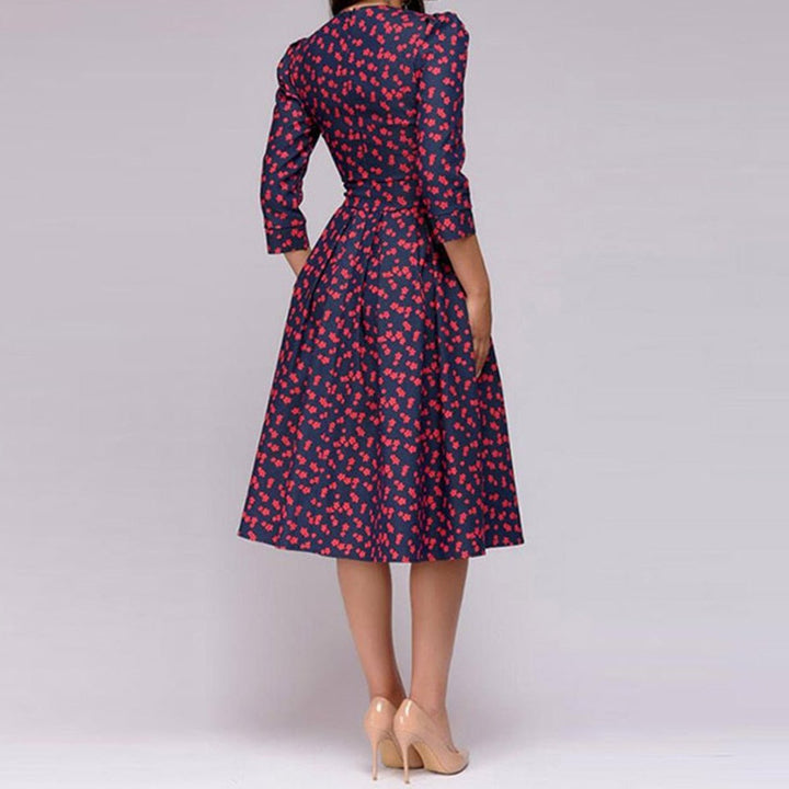 Women's Retro Floral A-Line 3/4 Sleeve Fall Midi Dress