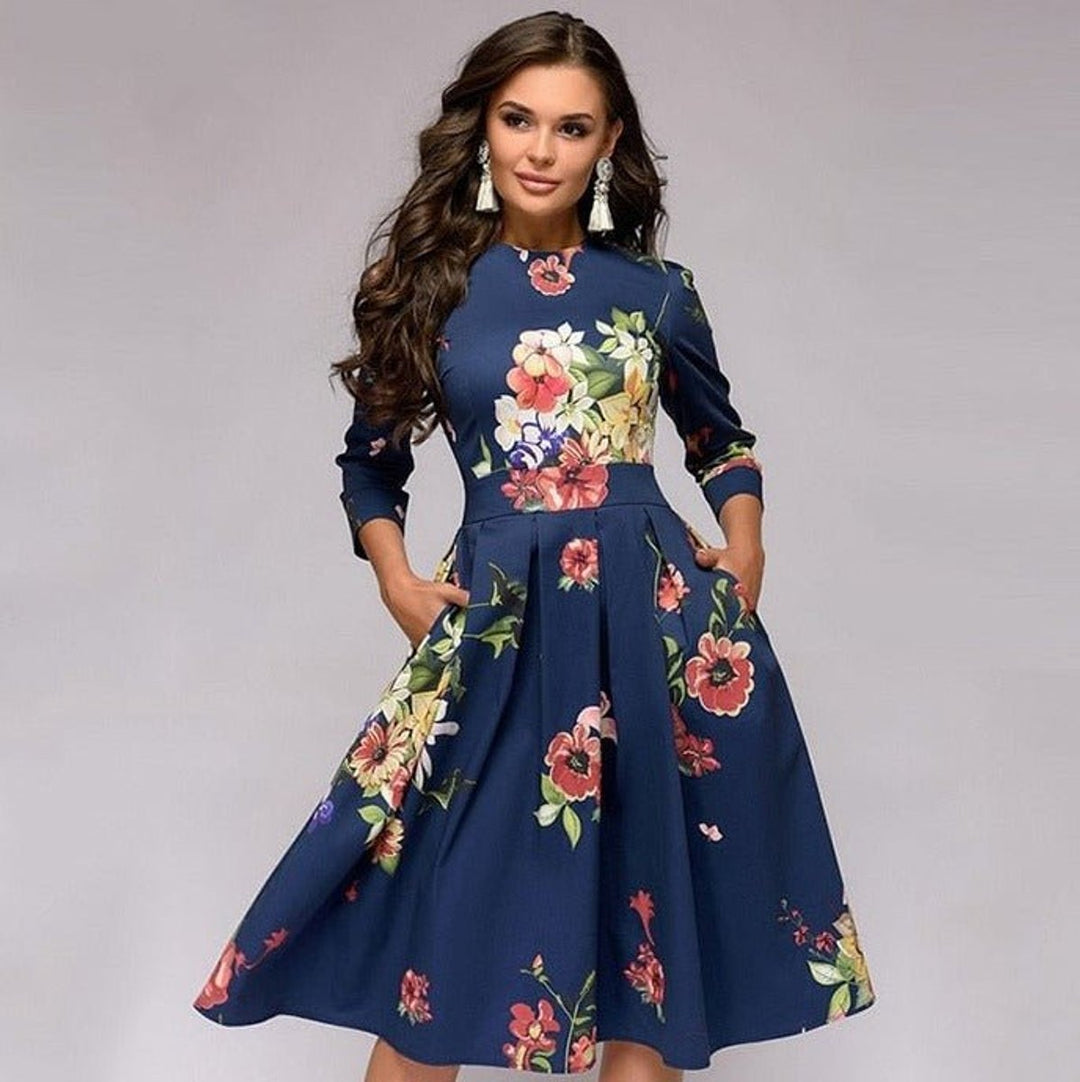 Women's Retro Floral A-Line 3/4 Sleeve Fall Midi Dress
