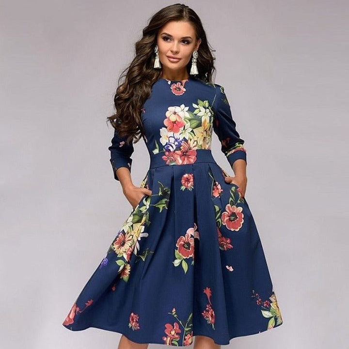 Women's Retro Floral A-Line 3/4 Sleeve Fall Midi Dress