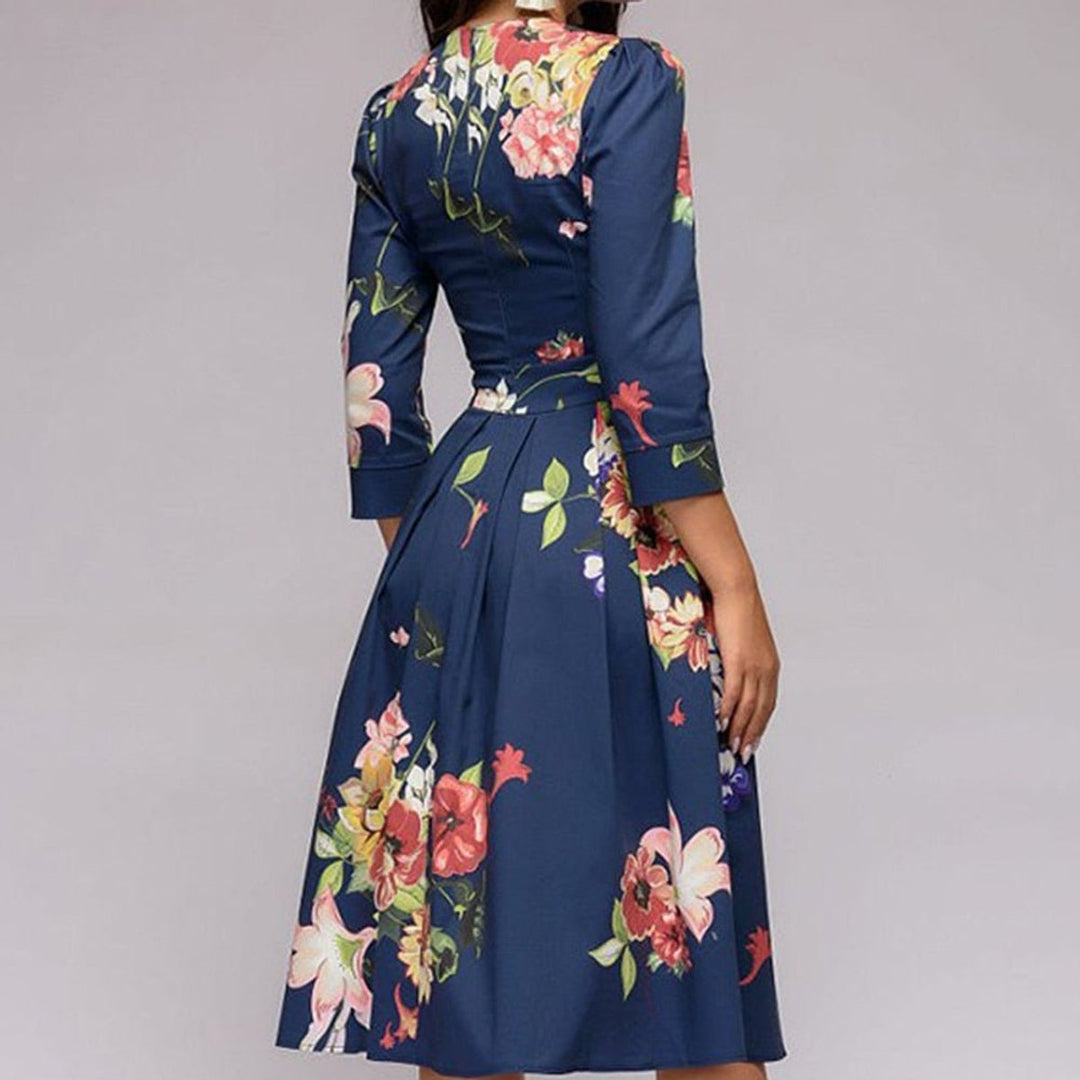 Women's Retro Floral A-Line 3/4 Sleeve Fall Midi Dress