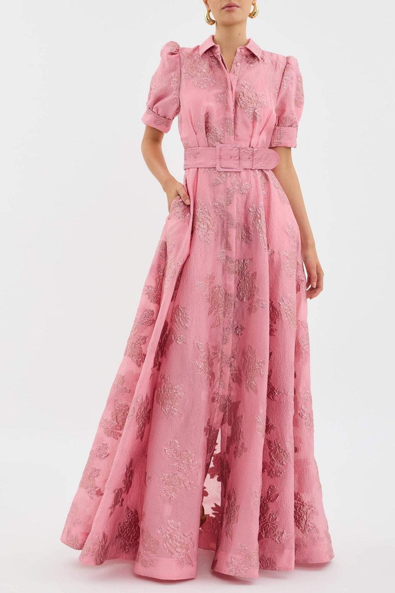 Women's Retro Floral Jacquard Belted Maxi Formal Dress