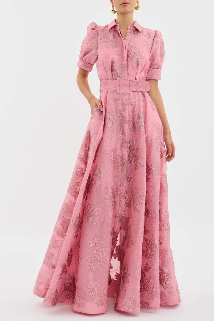 Women's Retro Floral Jacquard Belted Maxi Formal Dress