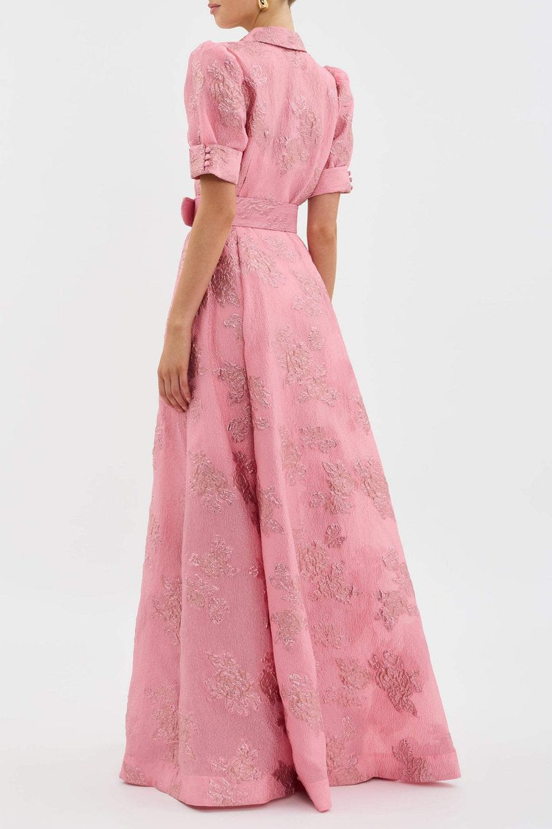 Women's Retro Floral Jacquard Belted Maxi Formal Dress