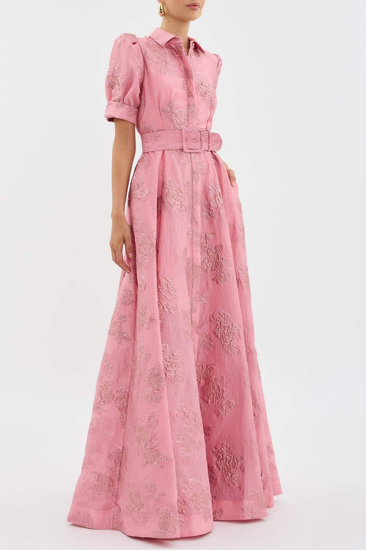 Women's Retro Floral Jacquard Belted Maxi Formal Dress
