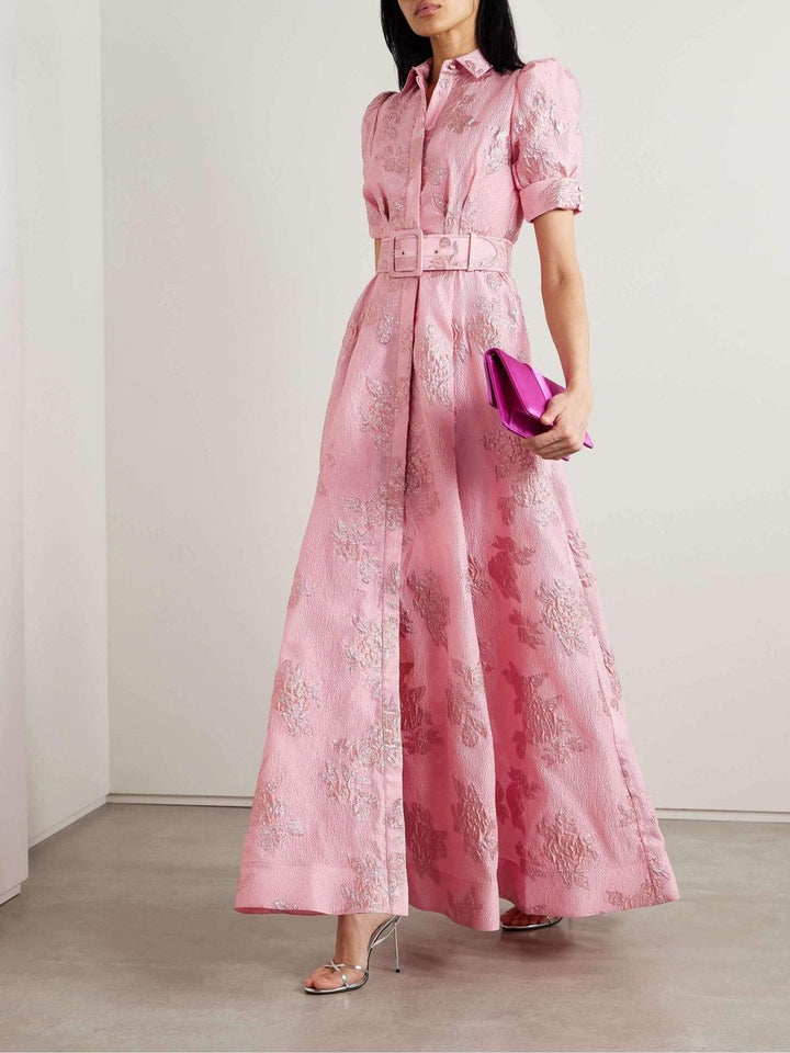 Women's Retro Floral Jacquard Belted Maxi Formal Dress