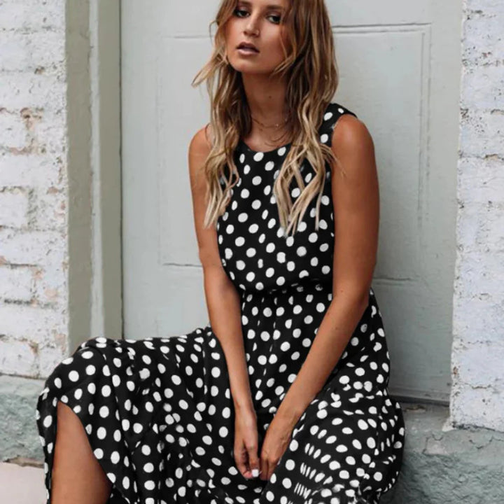 Women's Retro Polka Dot Sleeveless Fall Midi Dress