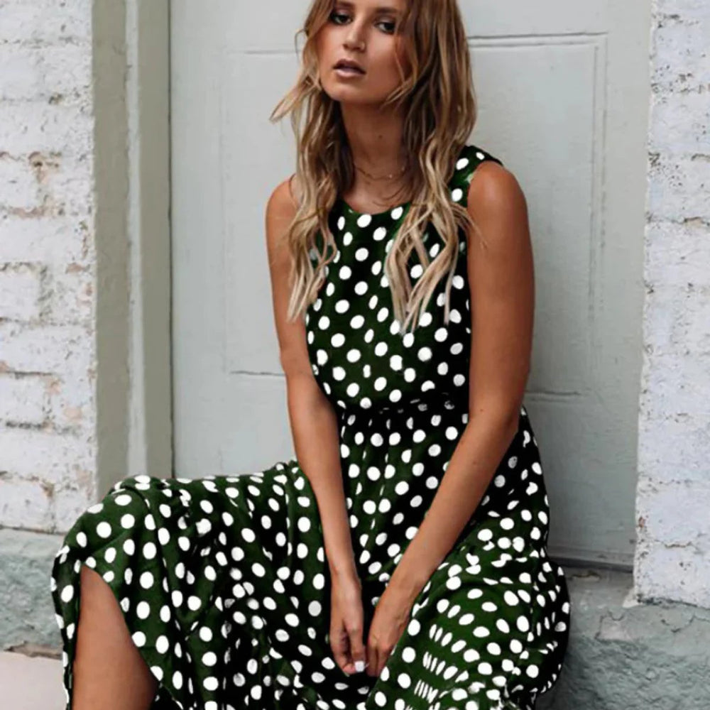 Women's Retro Polka Dot Sleeveless Fall Midi Dress